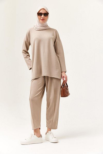 CALİENTE Relaxed Cut Crew Neck Double Suit Beige