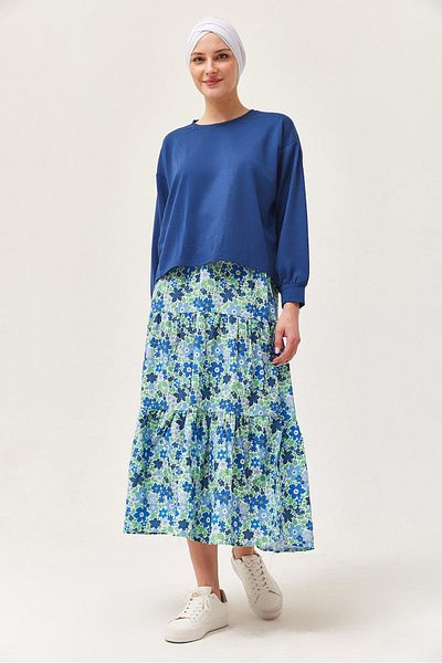 CALİENTE Floral Patterned Skirted Double Suit Navy Blue