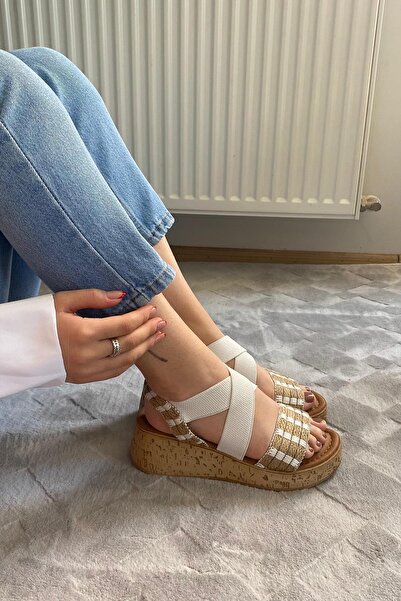 Preshley Women's Margo White Straw Detailed Rubber Thick Cork Sole Orthopedic Sandals K-220