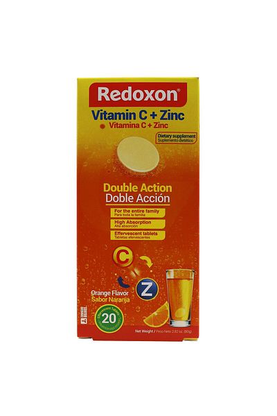 Redoxon Vitamin C + Zinc Effervescent Tablets, Immune Support, Orange Flavor, 20 Tablets, 2.82 Oz