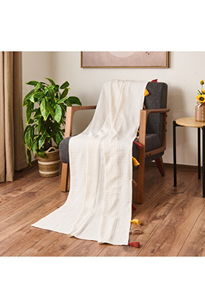 Evidea Soft Püsküllü Koltuk Örtüsü - Ekru - 90x210 Cm