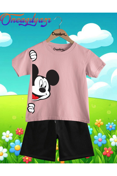 oneagılyazı Mickey Yanda Štampano Oversize kroj Dječje šortseve T-shirt seta