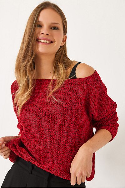 Bianco Lucci Women's Boat Neck Mesh Detail Openwork Knitwear Blouse 20251017