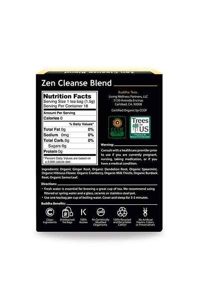 Buddha Teas Organic Zen Cleanse Blend - OU Kosher, USDA Organic, CCOF Organic, 18 Bleach-Free Tea Bag