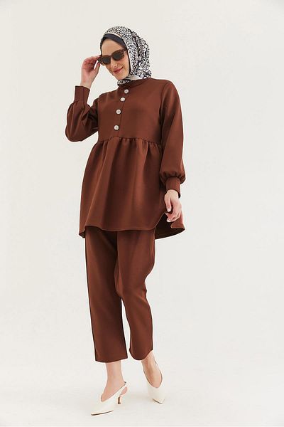 CALİENTE Stone Buttoned Scuba Double Suit Brown