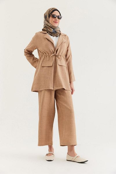 CALİENTE Waist Tie Jacket Linen Suit Beige