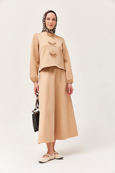 CALİENTE Scuba Double Suit with Bow Front and Skirt Mink