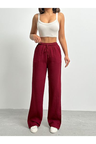 BEJNA Burgunderfarbene Palazzo-Hose aus Musselin für Damen