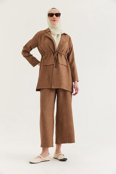 CALİENTE Waist Tie Jacket Linen Suit Tan