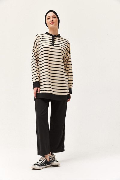 CALİENTE Buttoned Collar Striped Double Suit Black