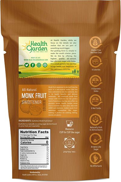 HEALTH GARDEN Monk Fruit Sweetener, Golden - Non GMO, Gluten Free, Keto (1 lb)
