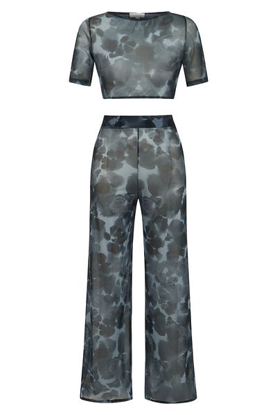 AQUELLA Back Low-Cut Black Crop Top-Pants Set