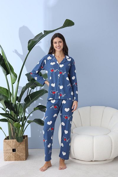 Pemilo Set pijama cu mânecă lungă, cu nasturi, 30013, pentru femei albastre