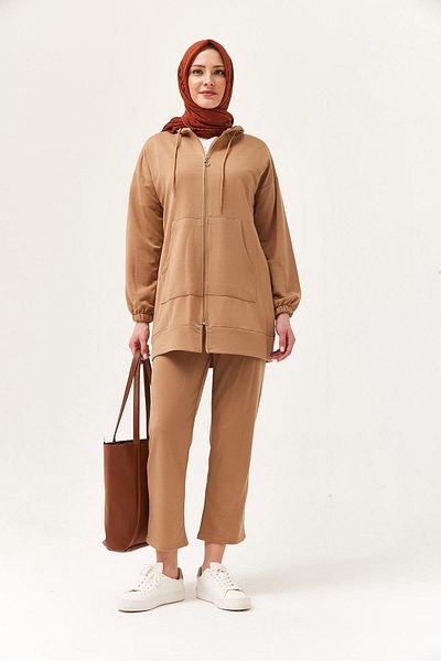 CALİENTE Women's Hooded Zippered Double Suit Mink