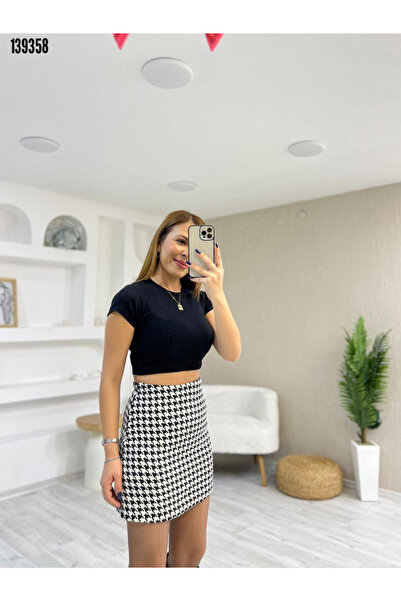 JANES Women's Houndstooth Pattern Wadded Detail Coat and High Waist Skirt Double Set