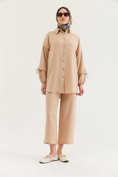 CALİENTE Sleeve Gathered Shirt Pants Double Suit Cream