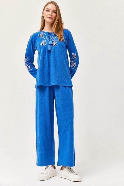 CALİENTE Front Embroidered Tasseled Double Suit Blue