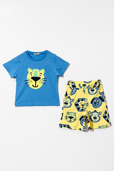 KIPIRIK BABY Set de pantaloni scurți cu model animal pentru băiat, tricou de bază albastru sax