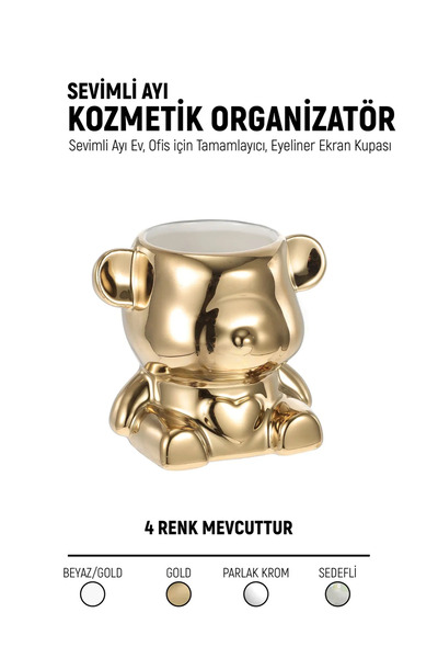 Venalisa Seramik Ayıcık Protez Tırnak Fırça Kutusu Standı Organizeri GOLD