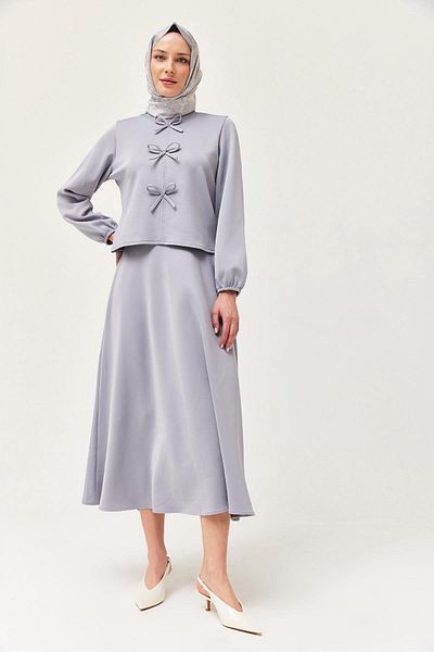CALİENTE Scuba Double Suit with Bow Front and Skirt Gray