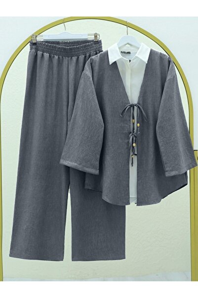 Modamorfo Set kimono cu pantaloni cu cravată dublă în față - afumat