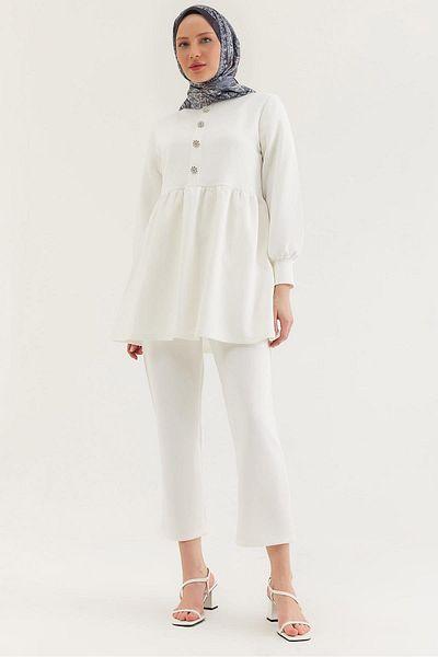 CALİENTE Stone Buttoned Scuba Double Suit White