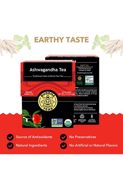 Buddha Teas Organic Ashwagandha Root Tea - Herbal, Antioxidants, Caffeine-Free, Kosher, Non-GMO - 18 Tea Bags