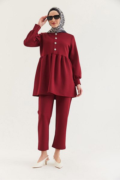 CALİENTE Stone Buttoned Scuba Double Suit Claret Red