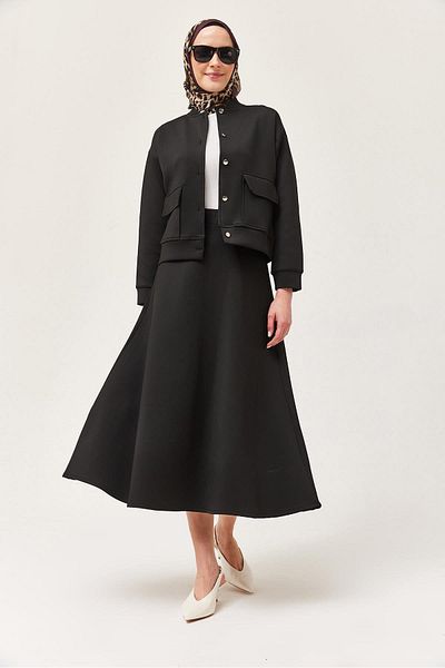 CALİENTE Scuba Double Suit with Metal Button Skirt Black