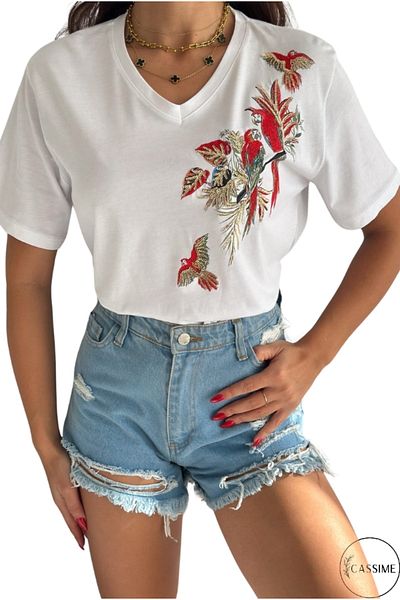 Cassime Λευκό μπλουζάκι Oversize - Λευκό - V λαιμόκοψη - Μοτίβο παπαγάλου ώμου - Κέντημα με πούλιες - Plus Size XL-2XL-3XL