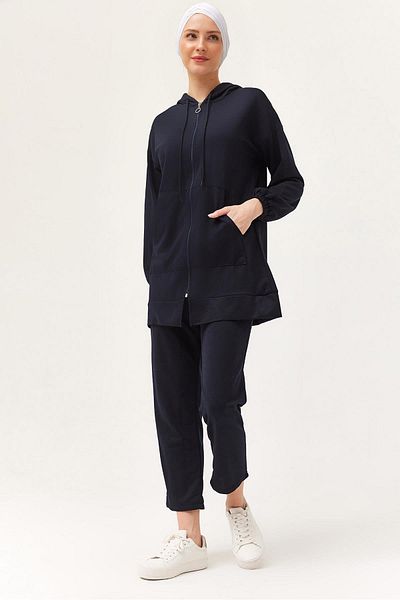 CALİENTE Women's Hooded Zippered Double Suit Navy Blue
