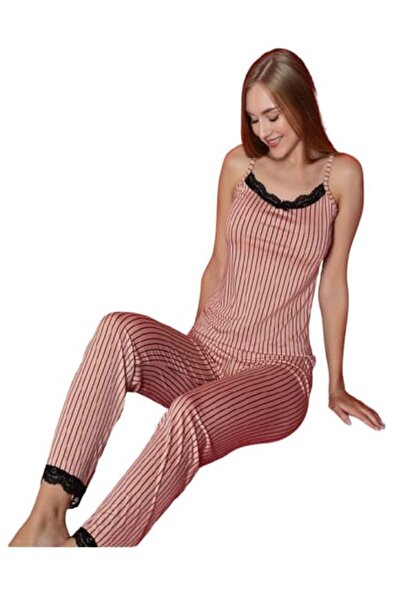 Manolya Kadın Milan Kumaş Pudra Çizgili Yaka ve Paça Güpürlü Askılı Pijama Ta...