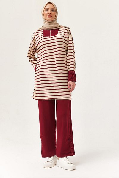 CALİENTE Collar Zippered Sleeve Detailed Double Suit Claret Red