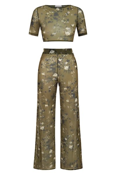 AQUELLA Σετ Crop Top-Pants με μοτίβο πράσινου φύλλου με χαμηλή πλάτη