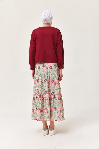 CALİENTE Floral Patterned Skirted Double Suit Claret Red