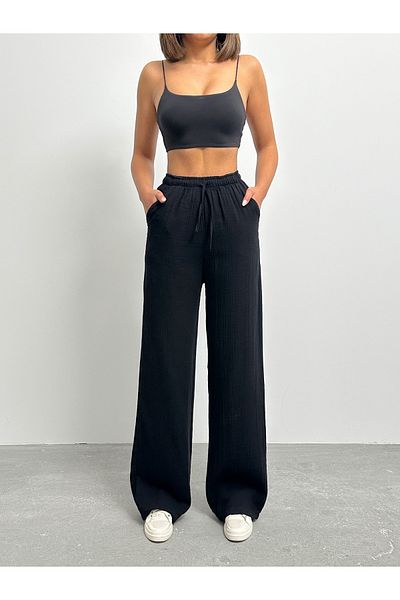 BEJNA Schwarze Palazzo-Hose aus Musselin für Damen