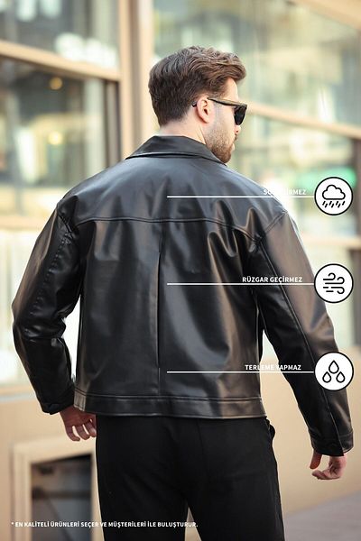KOCCI Мъжко кожено яке с копчета Oversize / Водоотблъскващо, Удобна кройка, Специална кройка
