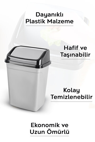 Meleni Home 5 Litre Kapaklı Plastik Çöp Kovası - Ev Ofis Banyo Mutfak Tezgah Üstü Çöp Kovası Gri