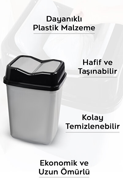 Meleni Home 10 Litre Çift Kapaklı Plastik Çöp Kovası - Ev Ofis Banyo Mutfak Çöp Kovası Gri