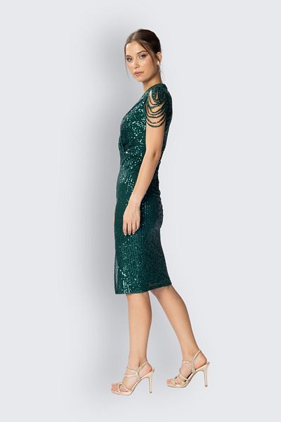 HOX'S Gloria |   Emerald Green Midi Pencil Dress - Double Breasted Neckline with Sequins, Sleeveless and Front Slit