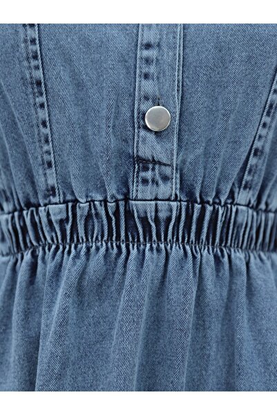 Modamorfo Beli Lastikli Yarım Düğmeli Kot Elbise -Buz Mavi