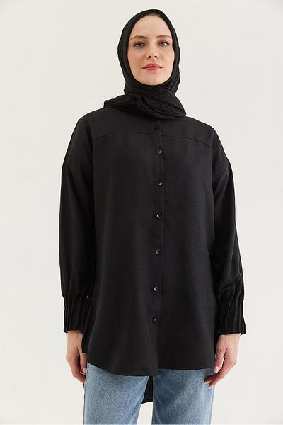 CALİENTE Linen Fabric Sleeve Ribbed Detailed Shirt Tunic Black