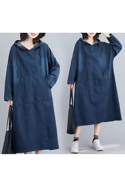 ARDSU Denim Capison. Long Sleeve. Long Maternity Dress with Kangaroo Pocket