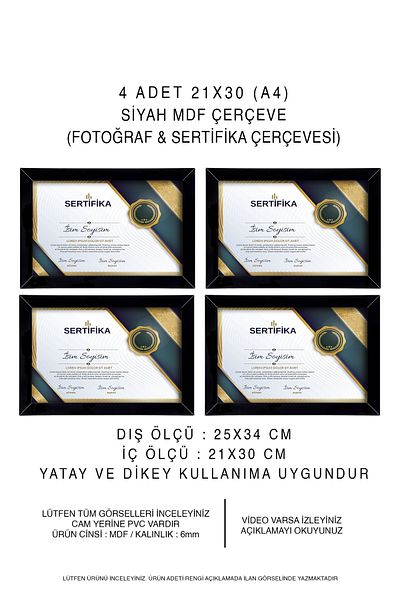 yhfoto A4 Certificate Frame - 4 Pieces 21x30 Black Frame with PVC