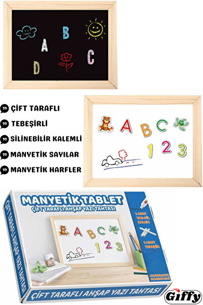 giffy Oyuncak Çift Taraflı Manyetik Ahşap Çerçeve Yazı Tahtası Tebeşir Yaz-Si...