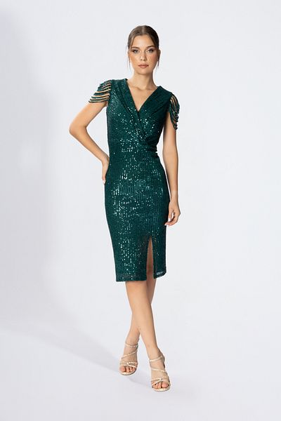 HOX'S Gloria |   Emerald Green Midi Pencil Dress - Double Breasted Neckline with Sequins, Sleeveless and Front Slit