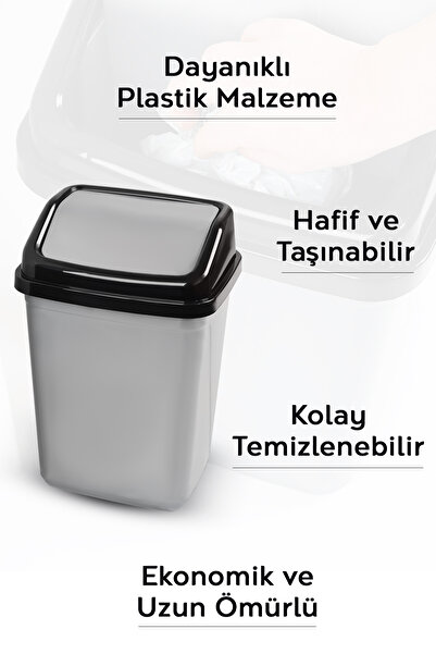 Meleni Home 10 Litre Kapaklı Plastik Çöp Kovası - Ev Ofis Banyo Mutfak Çöp Kovası Gri