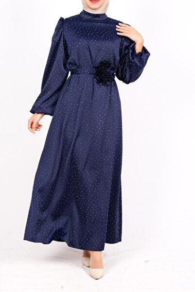 Modamorfo Balloon Sleeve Belted Stone Satin Dress - Navy