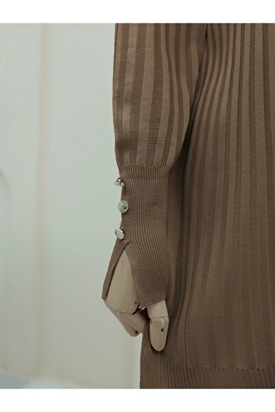 Modamorfo Crew Neck Ribbed Slit Knitwear Tunic - Mink