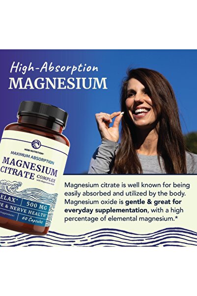 Nobi Nutrition Magnesium Citrate Complex 500mg for Calm, Relaxation & Digestion | High Absorption, Non-GMO | 60 Ct